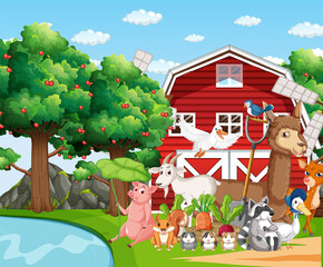 Farm scene with many animals by the barn