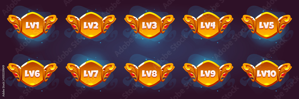 Poster game golden badges of level number with rating stars isolated on background. vector cartoon icons se