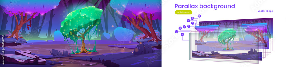 Aufkleber magic forest landscape with fantasy alien tree with green dripping slime. vector parallax background