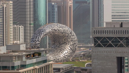Dubai museum of future exterior design aerial timelapse.