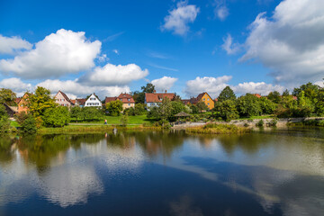 Dinkelsbühl, Germany. Scenic view of buildings on the banks of the Wörnitz river