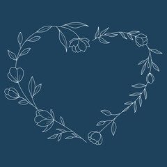 Floral and heart shape hand drawn style. Floral blue and white frame of twigs, leaves and flowers. Frames for the Valentine's day, wedding decor, logo and identity template.