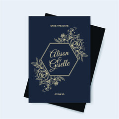 rose flower and leaves outline hand drawn wedding invitation template