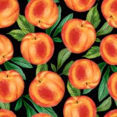 Juicy peaches seamless pattern. Bright summer design in a watercolor style.