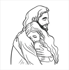 Watercolor illustration. Jesus and little girl,  child on white background. For cards, Easter, christening