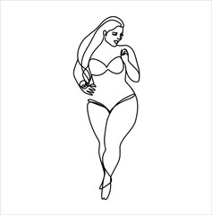 Vector line art illustration. Woman model plus size. Body positive art