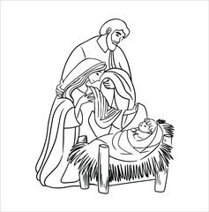 Vector illustration. Joseph and Mary with baby Jesus in the manger. Christmas picture for postcards, banners, decor