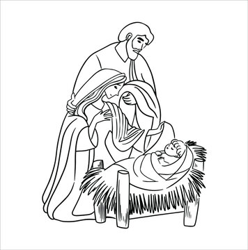 Vector illustration. Joseph and Mary with baby Jesus in the manger. Christmas picture for postcards, banners, decor