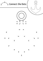 Vector dot-to-dot and color activity with pirate anchor. Treasure island connect the dots game. Sea adventures coloring page for kids with ship part. Printable worksheet with numbers.