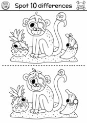 Black and white find differences game for children. Sea adventures line educational activity with cute pirate monkey, banana, pineapple. Treasure island printable worksheet, coloring page for kids. - obrazy, fototapety, plakaty
