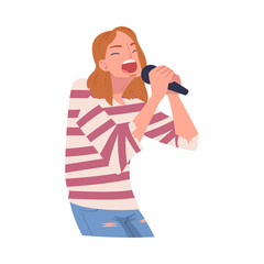 Woman Singer and Musician with Microphone Performing Music on Stage Vector Illustration