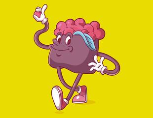 Horizontal bright poster in vintage style. Template for menu design, children's books, graphic prints. Cartoon illustration with smiling sushi with caviar. Original retro character.