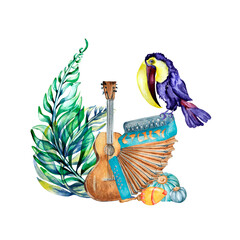 Toucan, guitar, accordion, palm watercolor. Festa Junina illustration © Ekaterina Lanbina
