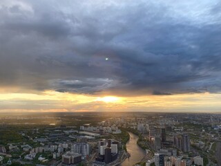 Fototapeta na wymiar Beautiful Cityscape Sunset. Aerial view to city