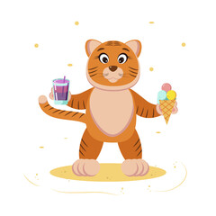 ginger cat on the beach with ice cream and juice summer