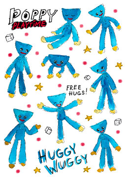 Watercolor huggy wuggy toys in different positions on white background