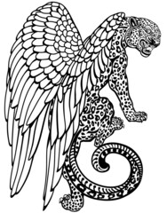 Aq Bars. Legendary winged snow leopard. Roaring aggressive mythological creature climbing up. View from the back and head turned. Tattoo style vector illustration. Black and white 