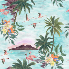 Tropical seamless pattern with palm trees and flamingos, watercolor painting