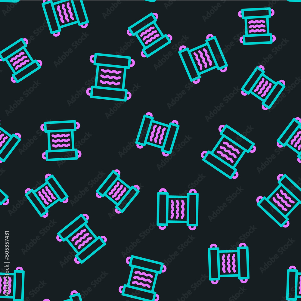 Poster line ancient papyrus scroll icon isolated seamless pattern on black background. parchment paper. anc