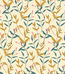 Seamless pattern with graphic plants. Modern design of botanical background, floral cover with decorative wild flowers, leaves, herbs. Vector illustration.