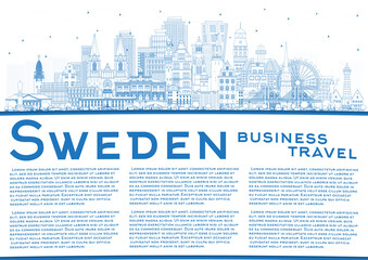 Welcome to Sweden. Outline City Skyline with Blue Buildings and Copy Space.