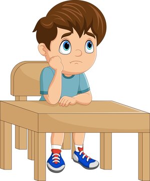 Cartoon little boy bored at school lesson