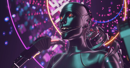 Cyber Woman Artificial face assembling with metal hi-tec skull robot head AI neural network conceptual design - 505360012