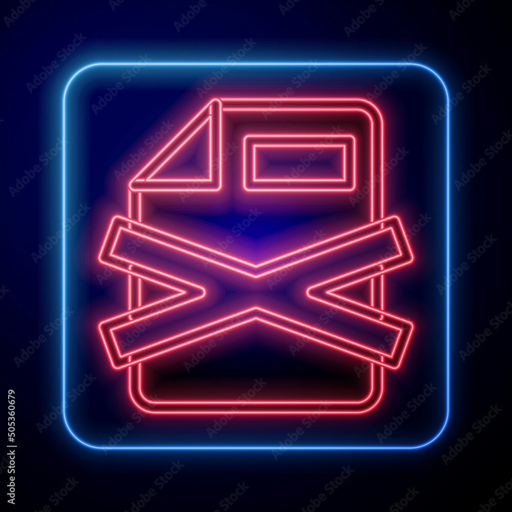 Poster glowing neon delete file document icon isolated on black background. rejected document icon. cross o