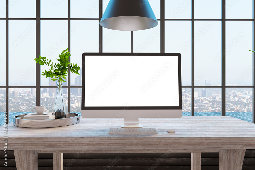 Poster close up of creative designer desk top with empty white computer screen, decorative plants and other