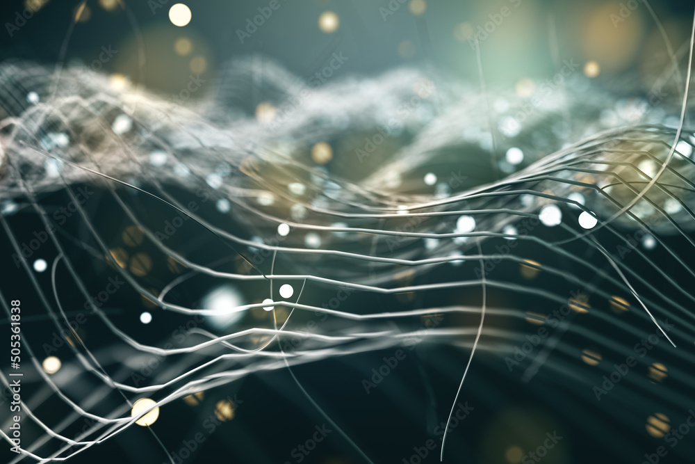 Poster Abstract wallpaper with metallic wavy lattice on blurred background with drops. 3D rendering