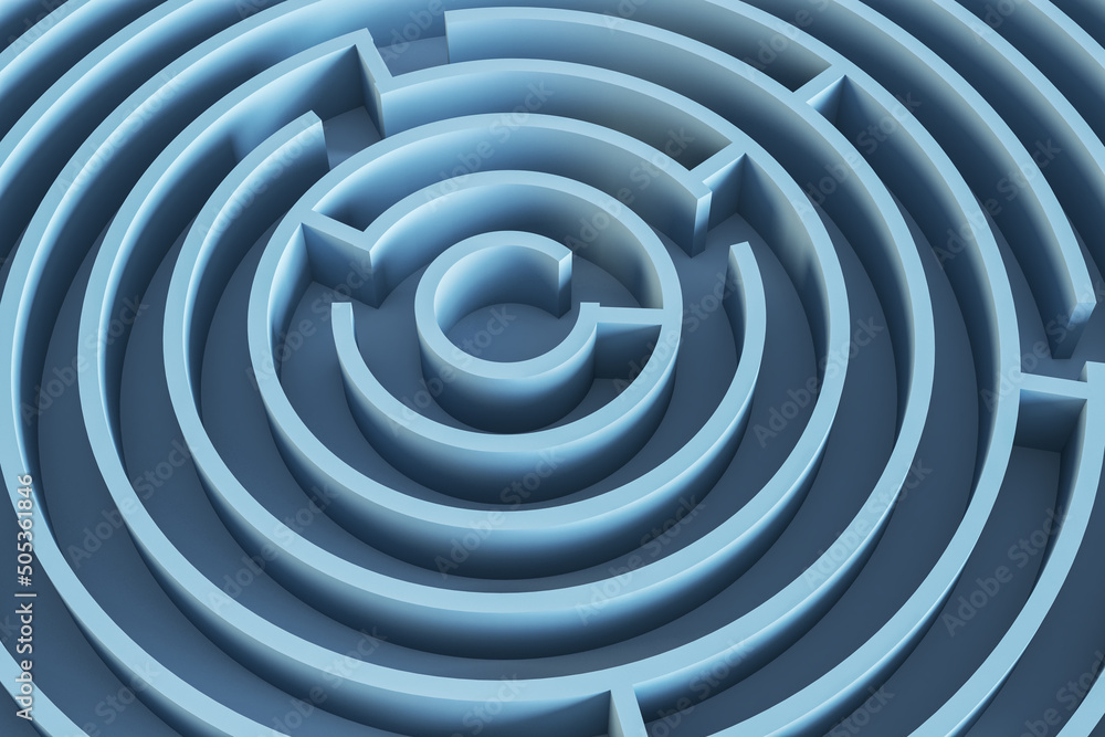 Poster Find a solution concept with top view on blue round maze. 3D rendering