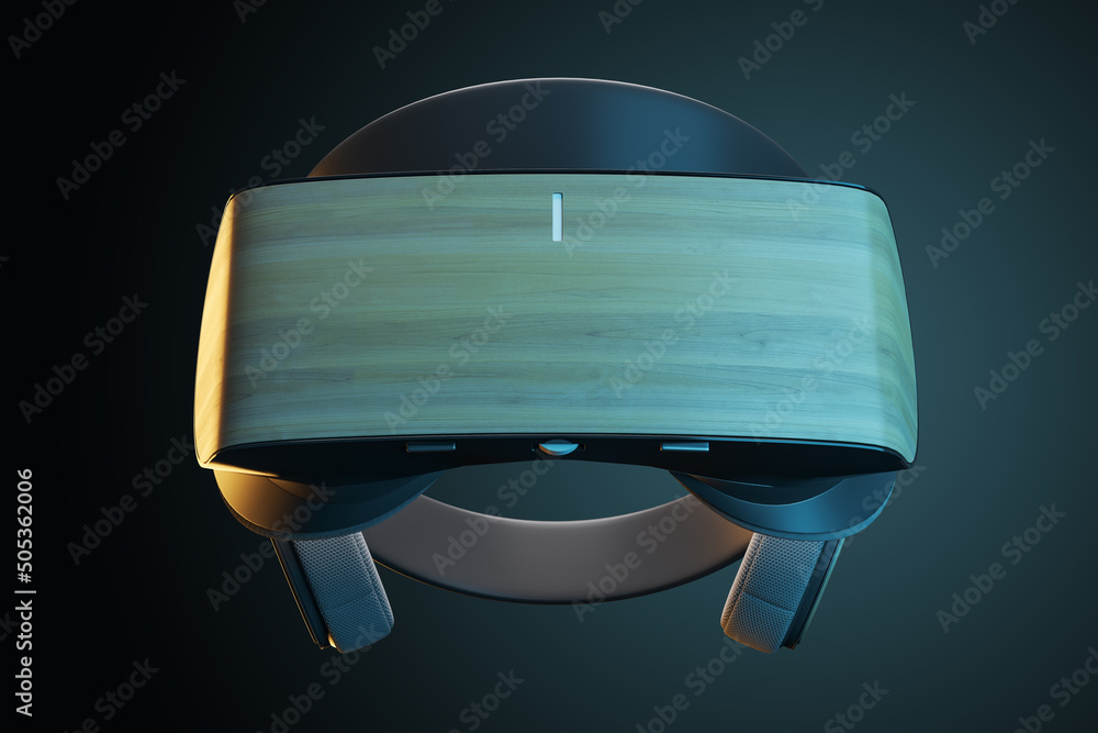 Poster Front view on modern custom VR headset with wooden surface on abstract dark backdrop, virtual reality concept. 3D rendering