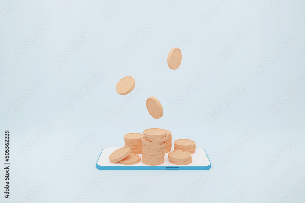 Poster smartphone with coins icon falling minimal style on blue light background. 3d online payments smart 