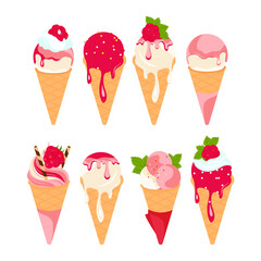A color set of raspberry ice cream. Waffle cone. Vector