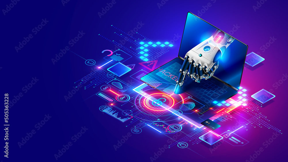 Poster Computer bot hacks firewall on laptop. Cybersecurity, antivirus, personal data protection. Remote computer administration system. Artificial intelligence, AI protects data on PC. Cyber safety concept.