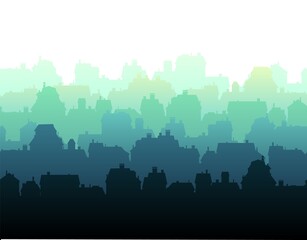 Fog city skyline. Horizontal seamless composition. Isolated on white background. Small city houses residential quarters. Cityscape with buildings. Housing silhouettes. Vector
