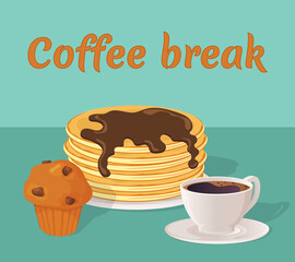 Coffee break.A cup of hot black coffee with foam, a stack of pancakes poured with chocolate and a cupcake.Vector illustration.