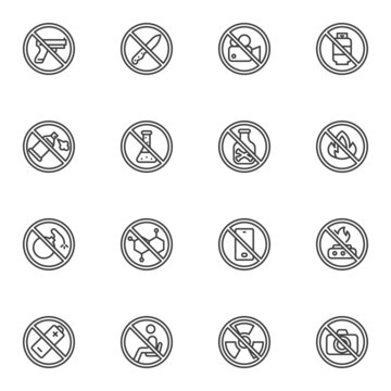 Aviation Prohibited Items Line Icons Set