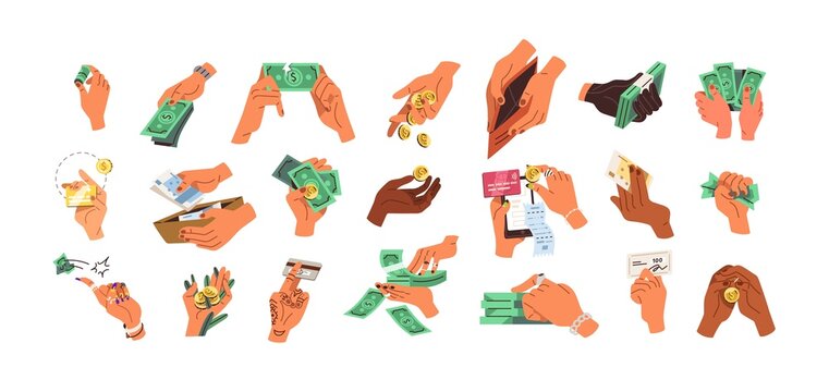 Hands holding money set. Arms with coins, banknotes, bank cards, dollar and euro bills, paying, counting, giving currency. Finance icons. Flat vector illustration isolated on white background
