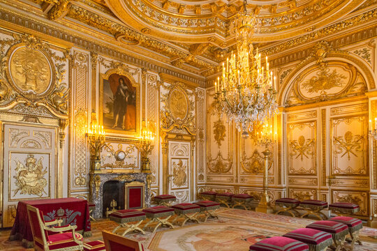 Fontainebleau, France, March 30, 2017: Fontainebleau Palace room interiors. Chateau was one of the main castles of French kings national museum and a UNESCO World Heritage Site