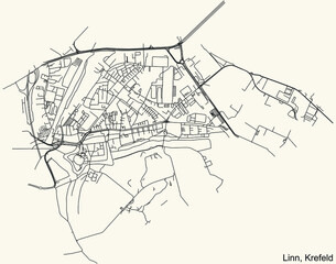 Detailed navigation black lines urban street roads map of the LINN DISTRICT of the German regional capital city of Krefeld, Germany on vintage beige background