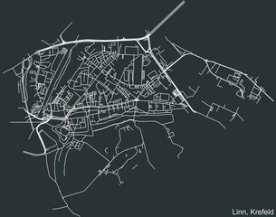 Detailed negative navigation white lines urban street roads map of the LINN DISTRICT of the German regional capital city of Krefeld, Germany on dark gray background