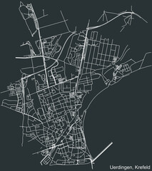 Detailed negative navigation white lines urban street roads map of the UERDINGEN DISTRICT of the German regional capital city of Krefeld, Germany on dark gray background