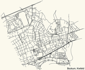 Fototapeta na wymiar Detailed navigation black lines urban street roads map of the BOCKUM DISTRICT of the German regional capital city of Krefeld, Germany on vintage beige background