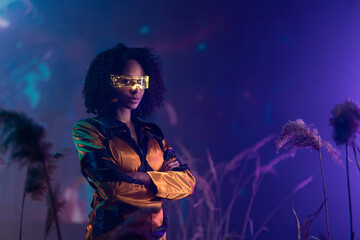 Metaverse digital cyber world technology, woman with smart goggles playing augmented reality game, futuristic lifestyle