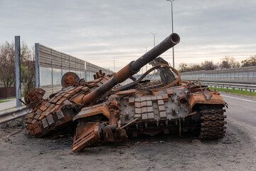 Russian tank destroyed on highway in invasion of Ukraine