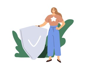 Person with shield and checkmark. Safety, insurance, security and defense concept. Protected insured woman. Safe data and guaranteed privacy. Flat vector illustration isolated on white background