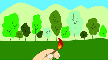 People holding lighted match with forest background, concept of arson or forest destruction or open burning