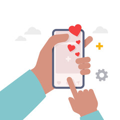 Hand holding smartphone with social media app illustration.