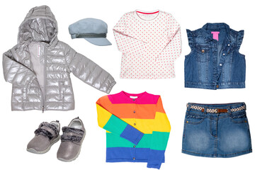 Collage set of clothes for a little girl isolated on a white background. The collection of a jeans...